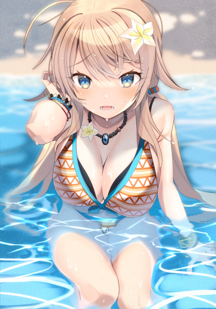 1girl ahoge bikini blonde_hair blue_eyes blurry blurry_background bracelet breasts flower flower_necklace hachimiya_meguru hair_flower hair_ornament highres hiiragi_ken idolmaster idolmaster_shiny_colors jewelry large_breasts layered_bikini long_hair low_twintails multicolored_bikini multicolored_clothes partially_submerged sitting solo swimsuit twintails water wet wet_hair yellow_flower