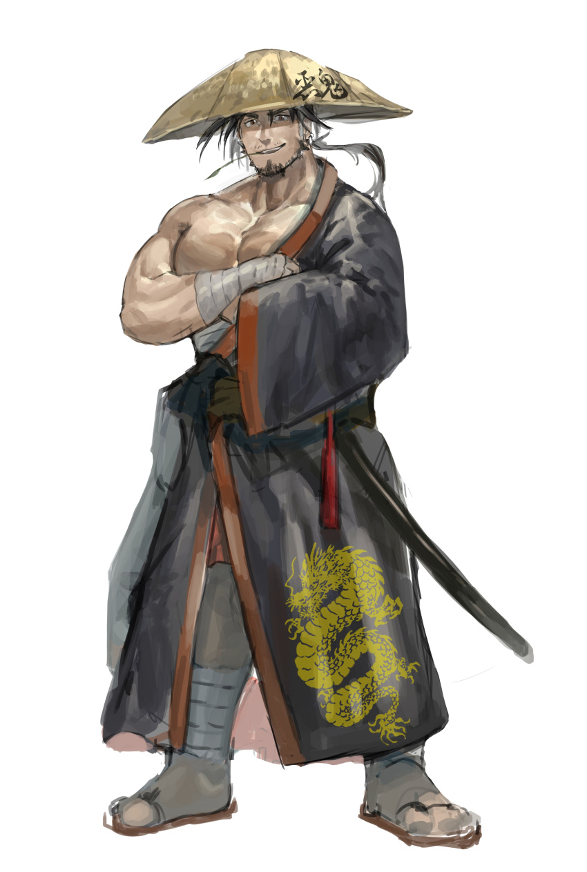 1boy absurdres bandaged_arm bandaged_leg bandages bara bare_pectorals beard crossed_arms dragon_print facial_hair full_body hadanugi_dousa highres katana large_pectorals looking_at_viewer low_ponytail male_focus mature_male muscular muscular_male mustache_stubble neumo original pectorals ronin sheath sheathed short_hair solo sword thick_eyebrows translation_request unfinished weapon
