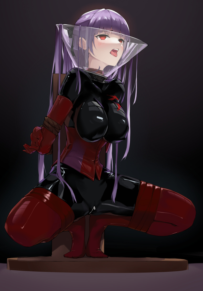2girls arms_behind_back asagami_fujino bdsm black_gloves bodysuit bondage bondage_outfit boots bound breasts corset fate/grand_order fate_(series) gloves highres impossible_clothes kara_no_kyoukai latex latex_bodysuit latex_gloves latex_legwear long_hair multiple_girls open_mouth purple_hair red_corset red_eyes red_footwear red_gloves rope skindentation solo squatting thigh_boots tongue tongue_out