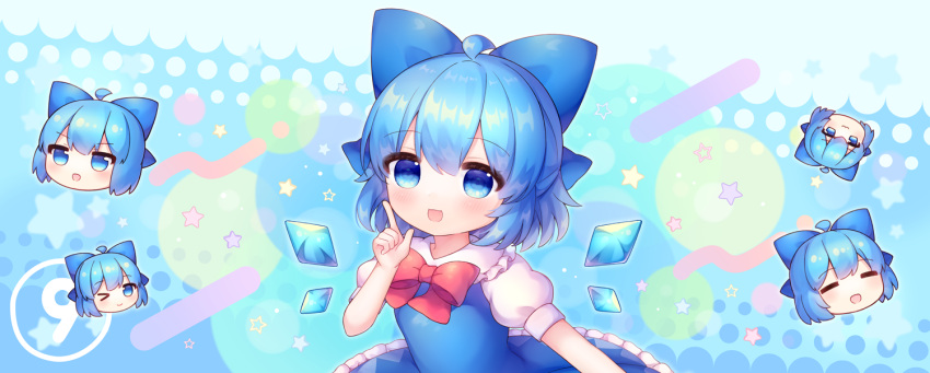 1girl ahoge blue_bow blue_dress blue_eyes blue_hair blush bow cirno coa_(chroo_x) collared_shirt commentary_request detached_wings dress fairy frilled_dress frills hair_bow ice ice_wings multiple_views open_mouth puffy_short_sleeves puffy_sleeves shirt short_hair short_sleeves smile touhou white_shirt wings