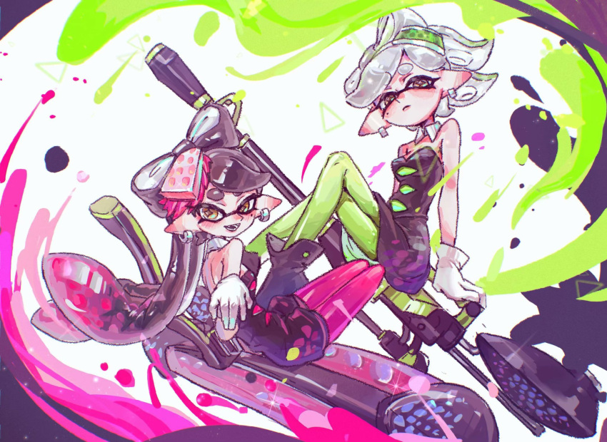 2girls bare_shoulders black_dress black_hair bow-shaped_hair breasts callie_(splatoon) collar commentary detached_collar dress earrings food food_on_head full_body gloves gradient_hair hero_charger_(splatoon) hero_roller_(splatoon) highres hoop_earrings jewelry leggings long_hair marie_(splatoon) multicolored_hair multiple_girls object_on_head open_mouth paint pink_hair pink_leggings pointy_ears sitting splat_charger_(splatoon) splat_roller_(splatoon) splatoon_(series) splatoon_1 star-shaped_pupils star_(symbol) sushi symbol-only_commentary symbol-shaped_pupils teeth thenintlichen96 two-tone_hair weapon white_collar white_gloves yellow_eyes