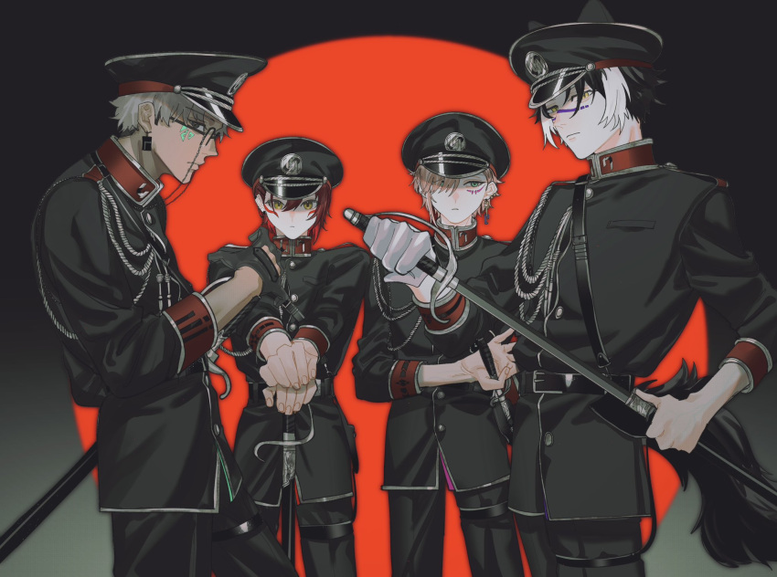 4boys aiguillette alternate_costume animal_ears arurandeisu belt belt_buckle black_background black_belt black_gloves black_hair black_headwear black_jacket black_pants buckle chain_earrings closed_mouth cowboy_shot cutout_gloves earrings ears_through_headwear eyewear_strap facial_mark from_side glasses gloves green_eyes grey_hair hair_behind_ear hair_between_eyes hair_over_one_eye hanasaki_miyabi hand_on_hilt hands_on_hilt hat highres holding holding_sword holding_weapon holostars jackal_boy jackal_ears jackal_tail jacket jewelry kageyama_shien long_sleeves looking_at_viewer male_focus military_uniform momiage_40 multicolored_hair multiple_boys official_alternate_hairstyle pants parted_bangs parted_lips peaked_cap pink_hair planted planted_sword profile red_background red_hair rikka_(holostars) sam_browne_belt serious sheath sheathed short_hair sideways_glance single_earring single_glove single_sidelock sleeve_cuffs sleeves_past_elbows sword tail thigh_strap two-tone_background two-tone_hair uniform unplan_(holostars) unsheathing virtual_youtuber weapon white_gloves white_hair yellow_eyes