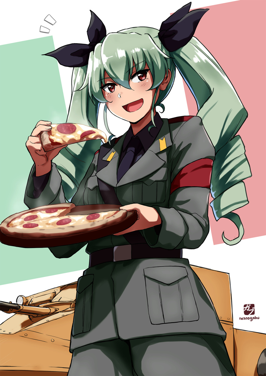 1girl anchovy_(girls_und_panzer) anzio_military_uniform artist_logo artist_name belt black_belt black_necktie black_ribbon black_shirt boots carro_veloce_cv-33 commentary cowboy_shot dress_shirt drill_hair flag_background food gabuillust girls_und_panzer green_hair grey_jacket grey_pants hair_ribbon highres holding holding_food italian_flag jacket knee_boots long_hair long_sleeves looking_at_viewer military_uniform military_vehicle motor_vehicle necktie notice_lines open_mouth pants pizza pizza_slice red_eyes ribbon sam_browne_belt shirt smile solo standing tank twin_drills twintails uniform wing_collar