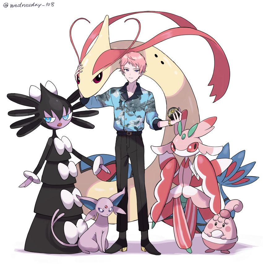 1boy absurdres black_pants blue_eyes bright_pupils character_request closed_mouth commentary_request crossover ensemble_stars! espeon full_body gothita happiny highres holding holding_poke_ball itsuki_shu long_hair milotic pants pink_hair poke_ball pokemon pokemon_(creature) purple_eyes short_bangs short_hair simple_background sleeves_past_elbows solo twitter_username very_long_hair watch wednesday_108 white_background white_pupils wristwatch