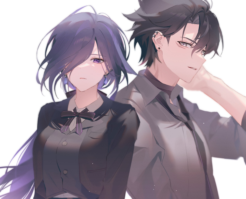 1boy 1girl absurdres alternate_costume black_hair black_jacket black_necktie clorinde_(genshin_impact) closed_mouth collared_shirt ear_piercing earrings genshin_impact grey_hair grey_shirt hair_between_eyes hair_over_one_eye highres jacket jewelry long_hair looking_at_viewer multicolored_hair necktie piercing purple_eyes purple_hair scar scar_on_face shirt simple_background upper_body white_background whitecookie1001 wriothesley_(genshin_impact)