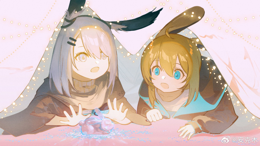 2girls aged_down amiya_(arknights) animal_ears arknights black_jacket frostnova_(arknights) grey_eyes grey_hair hair_between_eyes hair_ornament hairclip highres ice_sculpture jacket lubusi lying medium_hair multiple_girls on_stomach open_clothes open_jacket open_mouth rabbit_ears rabbit_girl shirt under_covers weibo_logo weibo_username white_shirt