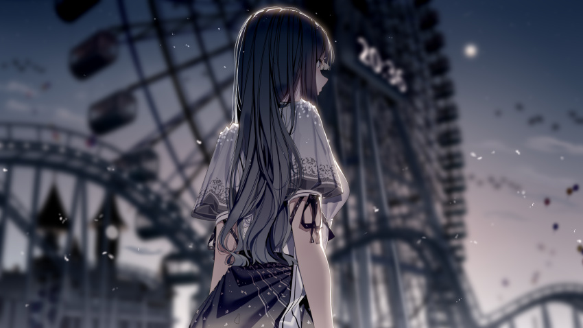 1girl atha_(leejuiping) black_hair black_ribbon black_skirt blurry blurry_background closed_mouth cloud cloudy_sky commentary_request depth_of_field ferris_wheel from_behind full_moon grey_eyes highres long_hair moon original outdoors profile ribbon shirt short_sleeves skirt sky solo very_long_hair white_shirt