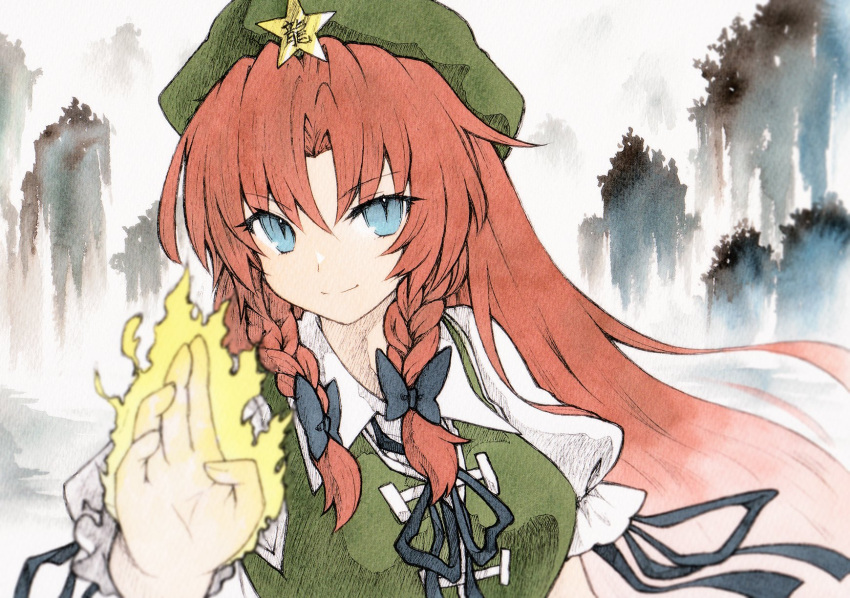 1girl blue_eyes braid breasts chinese_clothes closed_mouth collared_shirt dress green_dress green_headwear hat hat_ornament highres hong_meiling long_hair looking_at_viewer medium_breasts puffy_short_sleeves puffy_sleeves qqqrinkappp red_hair shirt short_sleeves smile star_(symbol) star_hat_ornament touhou twin_braids upper_body white_shirt