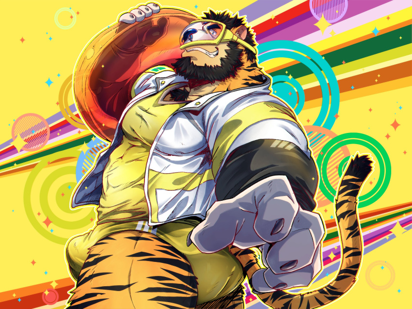 2022 anthro beard bearwivme black_sleeves blue_eyes chest_tuft claws clothing facial_hair facial_piercing felid finger_claws fur grin hi_res hotaru_hirano jacket jaokuma looking_at_viewer male mammal nose_piercing orange_body orange_fur pantherine pantsless pattern_background pattern_clothing pattern_jacket pattern_topwear pecs piercing pool_float septum_circular_barbell septum_piercing shirt simple_background smile solo sparkles striped_background striped_body striped_clothing striped_fur striped_jacket striped_topwear stripes tiger topwear tuft underwear white_clothing white_jacket white_topwear yellow_background yellow_clothing yellow_shirt yellow_stripes yellow_topwear yellow_underwear yutari