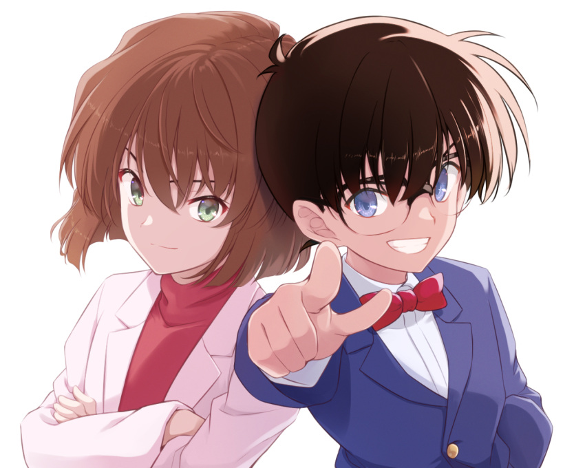 1boy 1girl blue_eyes blue_jacket bob_cut bow bowtie brown_hair buttons closed_mouth coat collared_shirt commentary_request crossed_arms edogawa_conan glasses green_eyes grin haibara_ai hair_between_eyes hand_in_pocket hand_up jacket lab_coat long_sleeves meitantei_conan pointing pointing_at_viewer red_bow red_bowtie red_sweater shirt short_hair simple_background smile sweater teeth tohoho_(hoshinoyami) upper_body white_background white_coat white_shirt