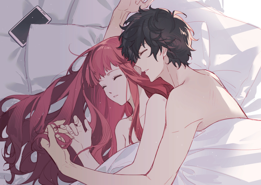 1boy 1girl amamiya_ren bed_sheet black_hair cellphone closed_eyes commentary_request fingernails hand_in_another's_hair hetero highres long_hair lying messy_hair naked_sheet on_bed persona persona_5 persona_5_the_royal phone pillow red_hair short_hair sleeping tsubsa_syaoin under_covers very_long_hair yoshizawa_sumire