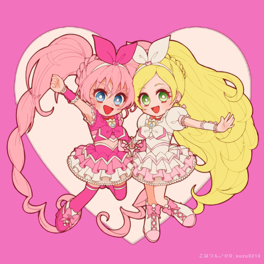 2girls blonde_hair blue_eyes brooch choker commentary crop_top cross-laced_footwear cure_melody cure_rhythm d_suzu0210 dress full_body green_eyes heart heart_background highres houjou_hibiki jewelry layered_skirt long_hair magical_girl minamino_kanade multiple_girls open_mouth pink_choker pink_hair pink_shirt pink_skirt pink_thighhighs ponytail precure shirt skirt smile suite_precure thighhighs twintails very_long_hair white_choker white_dress