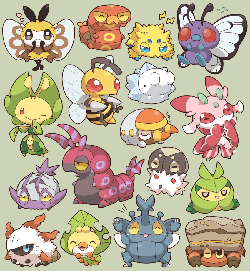 2027_(submarine2027) ^_^ antennae arms_up beedrill black_eyes blue_eyes blush brown_eyes butterfree claws closed_eyes closed_mouth colored_sclera commentary_request crustle fangs flying_sweatdrops green_background grubbin hand_up hands_up heart heracross highres jitome joltik larvesta leavanny lightning_bolt_symbol looking_at_viewer no_humans one_eye_closed open_mouth pokemon pokemon_(creature) red_eyes ribombee scolipede sewaddle simple_background sizzlipede sleeping smile snom solid_circle_eyes spewpa swadloon u_u v-shaped_eyebrows wimpod yellow_sclera zzz