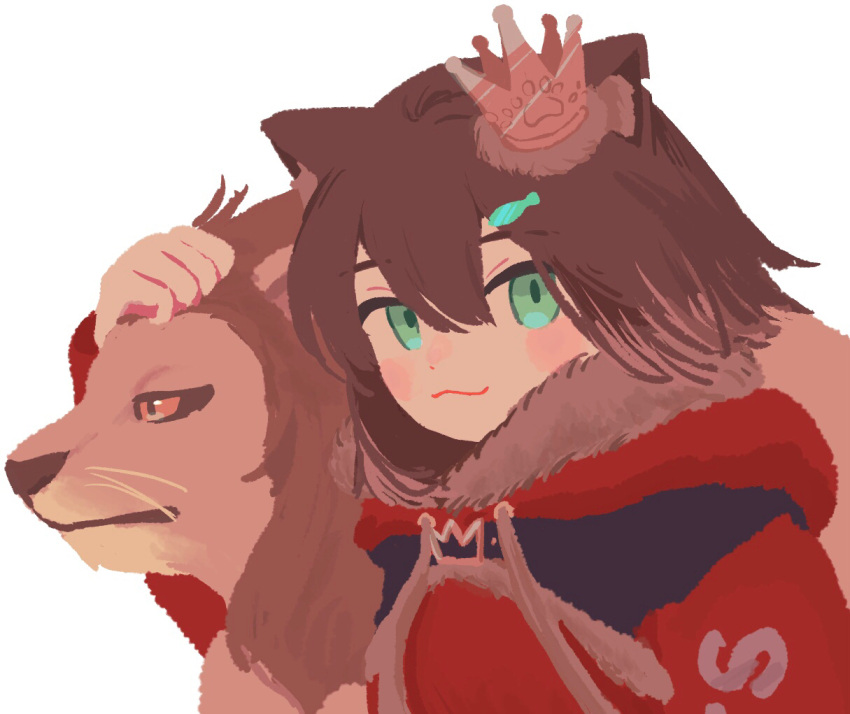 1girl :3 animal_ears blush_stickers brown_hair cat_ears cat_girl closed_mouth colored_tips commentary crown drawstring english_commentary fish_hair_ornament fumino_tamaki fumino_tamaki_(4th_costume) hair_ornament hand_on_animal hood hood_down hoodie lion long_sleeves looking_at_viewer looking_to_the_side medium_hair mini_crown multicolored_hair nichi_(83nichi) nijisanji notched_ear red_hoodie simple_background smile solo upper_body virtual_youtuber white_background