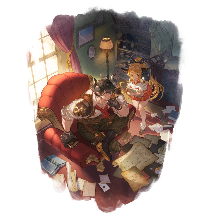 1boy 1girl animal ascot barawa black_gloves black_hair boots breasts brown_pants cat crossed_legs draph facial_hair glasses gloves granblue_fantasy holding holding_pen horns indoors large_breasts large_pectorals long_hair minaba_hideo muscular muscular_male official_art orange_hair pants pectorals pen pointy_ears red_ascot red_skirt round_eyewear sarya_(granblue_fantasy) shirt short_hair sitting skirt white_shirt