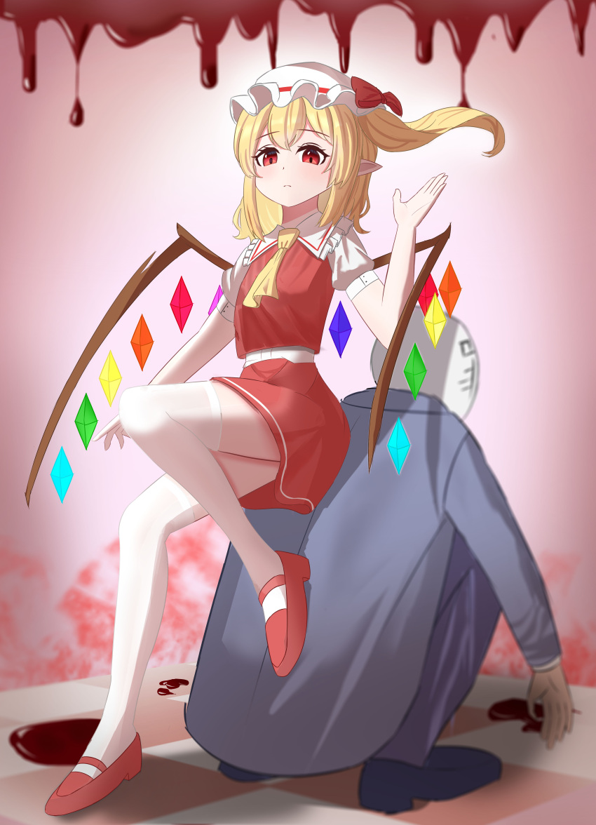 1boy 1girl absurdres blonde_hair blood blurry depth_of_field flandre_scarlet flat_chest full_body hand_up hat highres linuslinus920423 mary_janes medium_hair mob_cap petite pointy_ears red_eyes red_footwear red_skirt shoes sin_sack sitting sitting_on_person skirt solo_focus squatting thighhighs touhou vest white_headwear wings