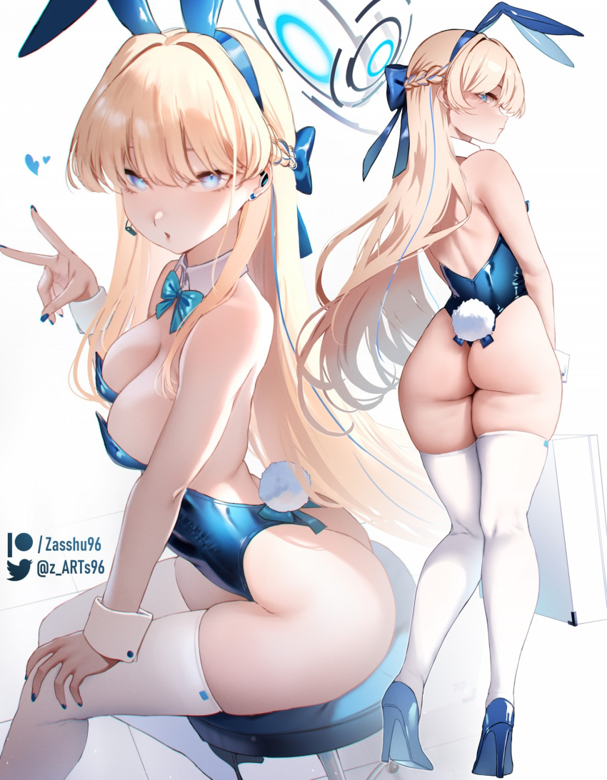 1girl animal_ears ass back bare_shoulders blonde_hair blue_archive blue_eyes blue_leotard blush bow bowtie braid breasts briefcase cleavage detached_collar earpiece fake_animal_ears fake_tail french_braid full_body halo high_heels highleg highleg_leotard highres leotard long_hair looking_at_viewer looking_back medium_breasts multiple_views open_mouth playboy_bunny rabbit_ears rabbit_tail sitting stool tail thighhighs toki_(blue_archive) toki_(bunny)_(blue_archive) v white_thighhighs wrist_cuffs zasshu