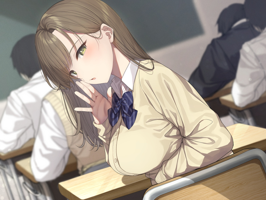 1girl blush bow bowtie breasts brown_hair cardigan chair classroom desk dutch_angle go-1 grin highres indoors long_hair looking_at_viewer looking_back medium_breasts non-web_source original people school_chair school_desk school_uniform sitting smile solo_focus straight_hair striped striped_bow striped_bowtie upper_body yellow_cardigan