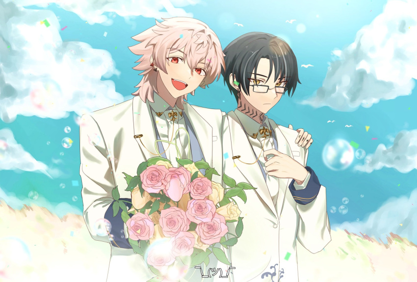 2boys bouquet earrings expressionless finger_tattoo flower glasses highres holding holding_bouquet holding_flower itsuki_(paradox_live) jacket jewelry kikirkt looking_at_viewer male_focus multiple_boys multiple_earrings neck_tattoo necktie open_mouth orange_flower orange_rose paradox_live pink_flower pink_rose rokuta_(paradox_live) rose shirt smile tattoo teeth white_jacket white_necktie white_shirt yellow_flower yellow_rose