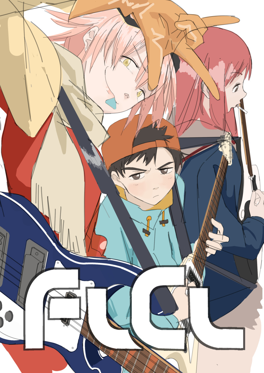 1boy 2girls :3 absurdres age_difference black_hair blush cigarette closed_mouth flcl gloves green_eyes guitar haruhara_haruko highres instrument multiple_girls nandaba_naota orange_gloves pink_hair red_hair samejima_mamimi short_hair simple_background size_difference uki0319 white_background