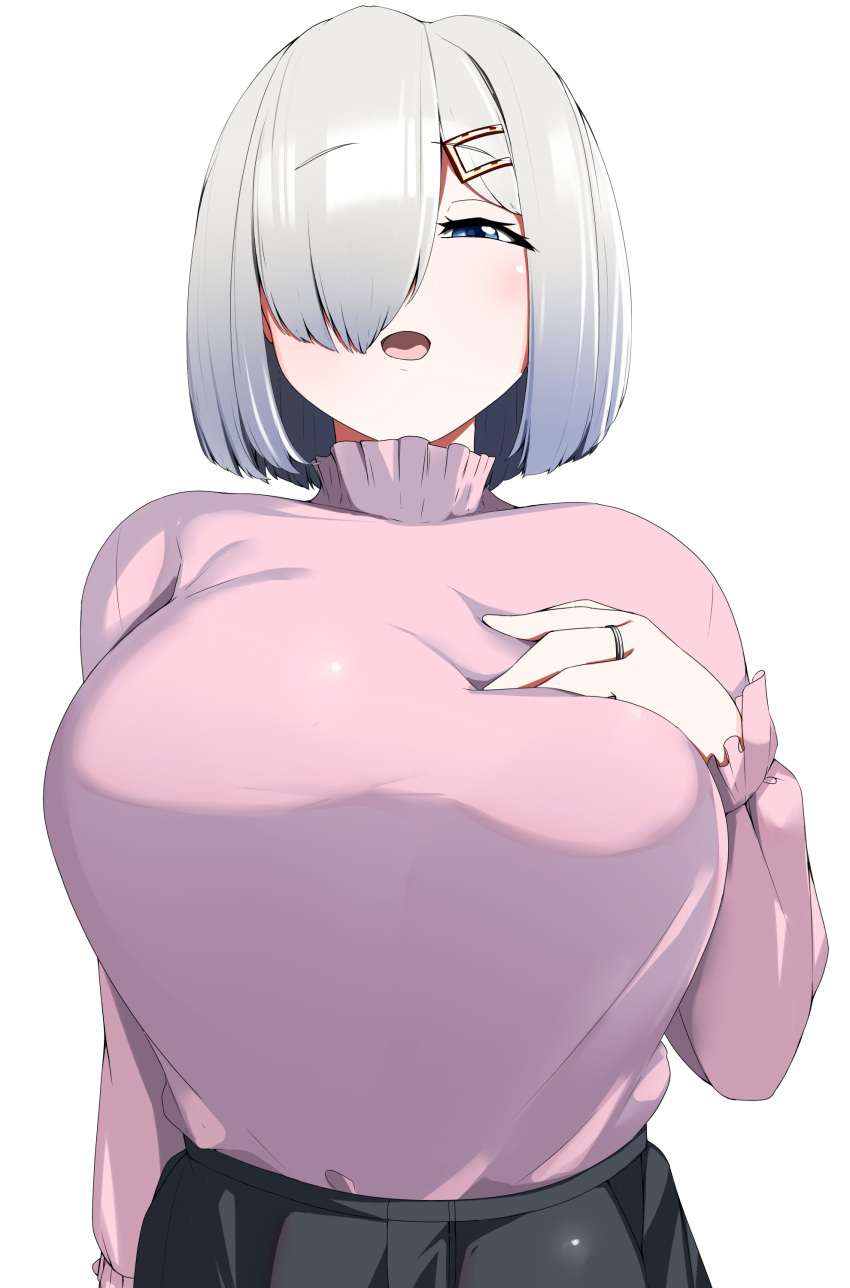 1girl absurdres blue_eyes breasts dress hair_ornament hair_over_one_eye hairclip hamakaze_(kancolle) hand_on_own_chest hauto-san highres jewelry kantai_collection large_breasts looking_at_viewer medium_hair pink_dress ring sweater turtleneck_dress upper_body white_background white_hair