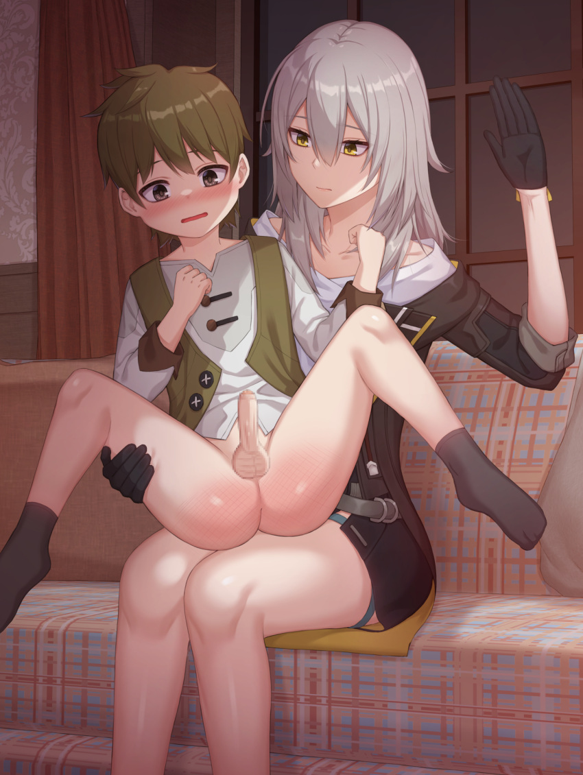 1boy 1girl age_difference ass black_gloves black_socks blush bottomless brown_eyes brown_jacket closed_mouth collarbone couch curtains foreskin gloves grey_hair hair_between_eyes hand_up hetero highres honkai:_star_rail honkai_(series) imminent_spanking indoors jacket long_hair long_sleeves on_couch on_lap onee-shota open_mouth paid_reward_available phimosis s-goon shirt short_hair sidelocks socks spanked spanking spread_legs stelle_(honkai:_star_rail) testicles thigh_strap trailblazer_(honkai:_star_rail) vest white_shirt window yellow_eyes