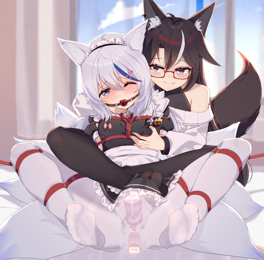 2girls absurdres anal anal_object_insertion animal_ear_fluff animal_ears ball_gag bdsm bed black_hair black_pantyhose bondage bound breasts brown_eyes commission ddt_(darktrident) feet fox_ears fox_girl full_body gag glasses grabbing grabbing_another's_breast grey_hair hair_ornament highres kitsune kyuubi long_hair looking_at_another multiple_girls multiple_tails nipple_clamps no_shoes object_insertion one_eye_closed original pantyhose pointy_ears shibari shibari_over_clothes shirt skirt small_breasts smile tail tears toes vaginal vaginal_object_insertion white_hair white_pantyhose yuri