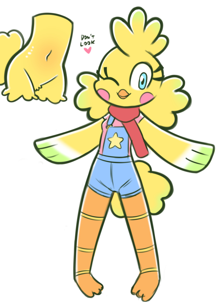 &lt;3 avian bird blue_eyes chicken clothing disfigure female galliform gallus_(genus) happy hi_res navel nude one_eye_closed overalls phasianid rosy_cheeks simple_background wink yellow_body