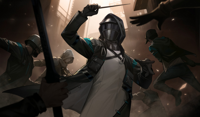 6+others 9chung alley ambiguous_gender arknights baton_(conducting) black_coat black_footwear black_gloves black_hair black_jacket building bulletproof_vest coat commentary conductor doctor_(arknights) flat_cap gloves grey_headwear grey_pants hat helmet highres holding holding_weapon hood hood_up hooded_coat jacket long_sleeves mask mouth_mask multiple_others open_clothes open_coat outdoors pants rhodes_island_logo short_hair skyscraper weapon white_coat