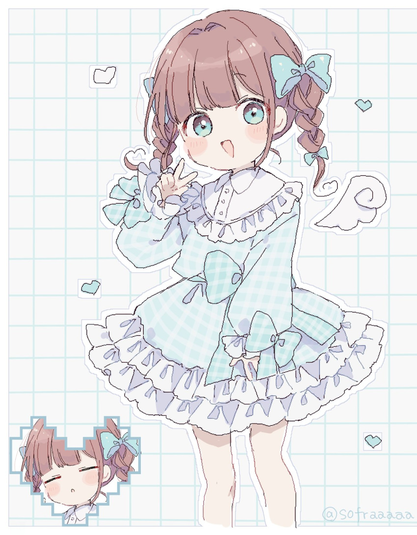 1girl :d blue_bow blue_dress blue_eyes blush bow braid brown_hair commentary detached_wings dress frilled_dress frills hair_bow hand_up heart highres long_sleeves mini_wings multiple_views original pixelated plaid plaid_dress puffy_long_sleeves puffy_sleeves sleeves_past_wrists smile sofra symbol-only_commentary twin_braids twintails twitter_username v white_wings wings