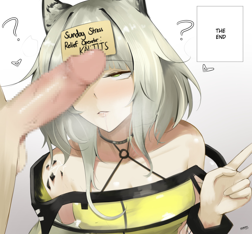 1boy 1girl ? ?? ahegao animal_ear_fluff animal_ears arknights bare_shoulders blunt_bangs blush breasts cat_ears censored cleavage collarbone dress drooling english_text eroborne gradient_background green_dress green_eyes grey_hair heavy_breathing highres hypnosis kal'tsit_(arknights) long_hair medium_breasts mind_control mosaic_censoring note off_shoulder oripathy_lesion_(arknights) parted_lips penis_on_face saliva signature upper_body v white_background