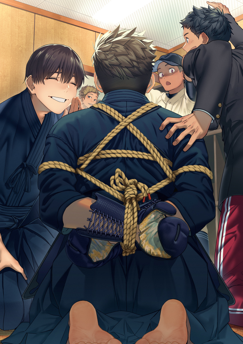 5boys absurdres arm_up arms_behind_back back backlighting barefoot baseball_cap baseball_uniform bdsm black_hair black_jacket blue_hakama blue_kimono bondage bougu bound bound_wrists brown_hair closed_eyes feet from_behind gakuran gloves grin hakama hand_to_own_mouth hat highres indoors jacket japanese_clothes kimono long_sleeves looking_at_another male_focus multiple_boys on_floor open_mouth original pants purple_eyes red_pants school_uniform seiza shibari short_hair sitting smile soles spiked_hair sportswear track_pants watari_yuu_(haskey) yaoi