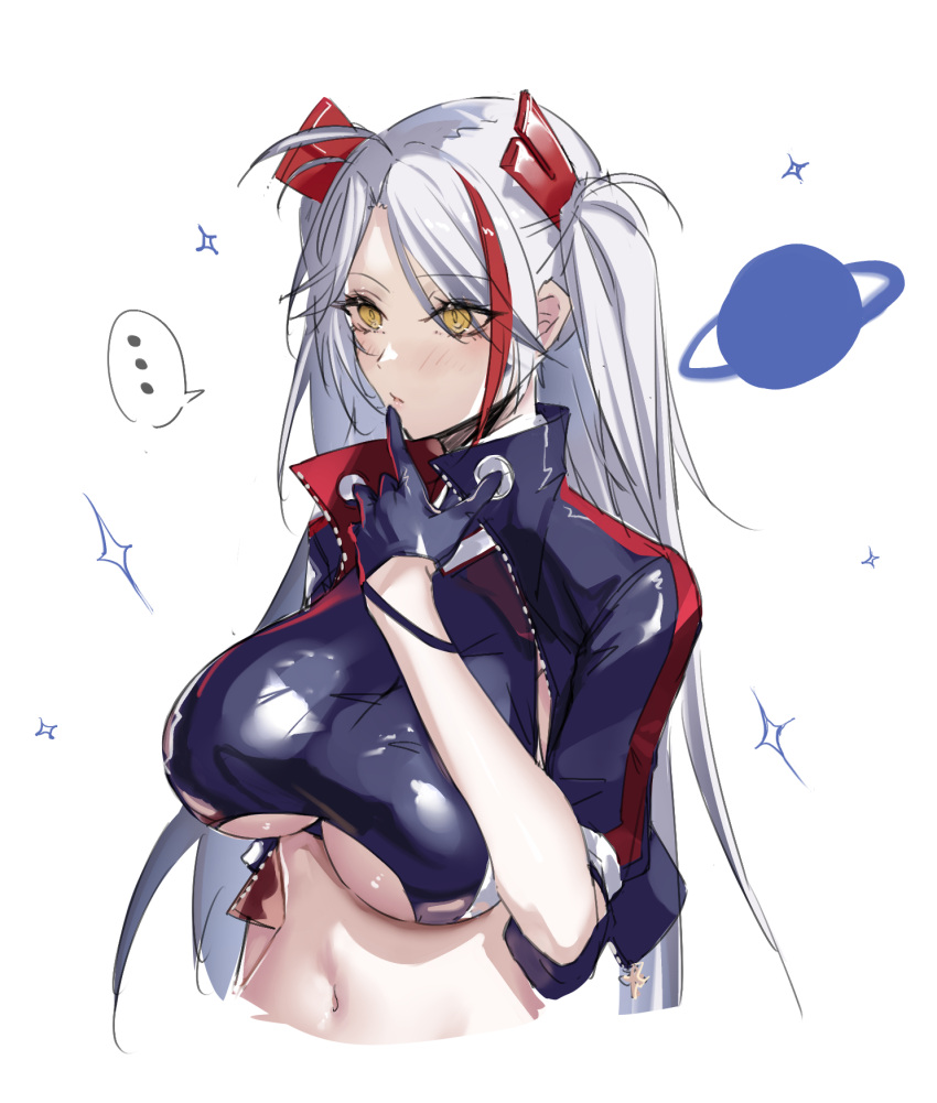 ... azur_lane black_jacket blush breasts clothing_cutout cropped_jacket cropped_shirt eichi_(yashokuya) finger_to_mouth gloves grey_hair half_gloves highres jacket large_breasts long_hair midriff multicolored_clothes multicolored_hair multicolored_jacket navel official_alternate_costume open_clothes open_jacket prinz_eugen_(azur_lane) prinz_eugen_(final_lap)_(azur_lane) race_queen red_hair red_jacket shiny_clothes shiny_skin speech_bubble streaked_hair two-tone_jacket two_side_up underboob underboob_cutout upper_body yellow_eyes