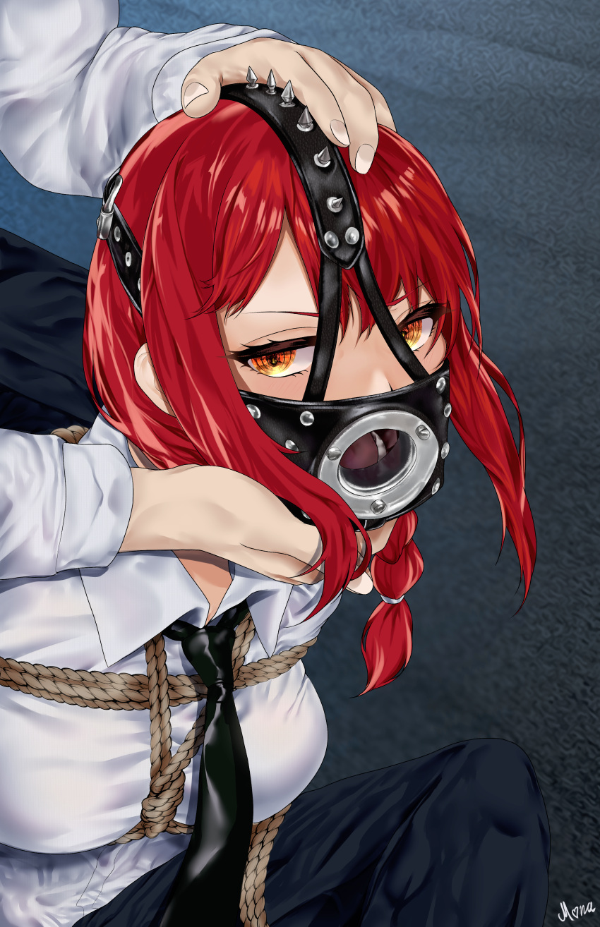 1girl 1other absurdres bdsm bondage bound chainsaw_man drawfagmona gag gagged hands_on_another's_head highres looking_at_viewer makima_(chainsaw_man) medium_hair necktie pants plug_gag red_hair ringed_eyes rope shibari shibari_over_clothes shirt signature teeth tongue yellow_eyes
