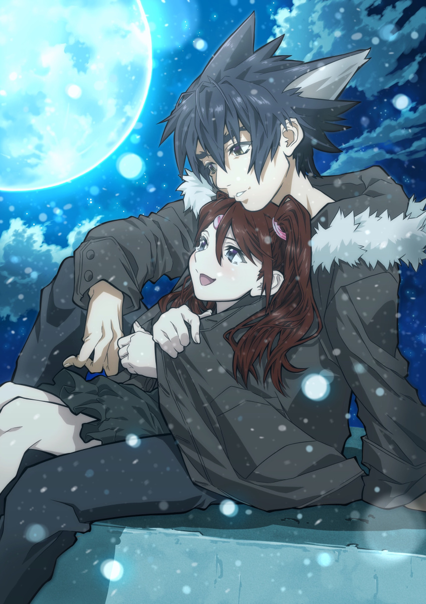 1boy 1girl absurdres animal_ears black_eyes black_pants brown_hair cat_ears character_request cloud coat cyborg_kuro-chan grey_jacket highres huge_moon jacket long_hair moon night open_mouth pants parted_lips sitting sitting_on_lap sitting_on_person snow twintails winter winter_clothes winter_coat yuu_(masarunomori)