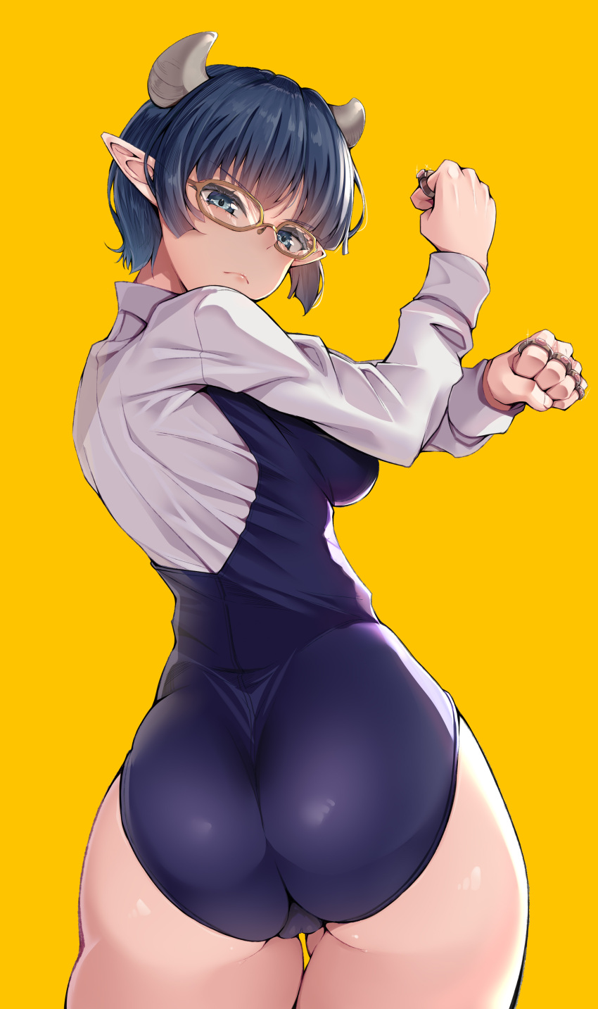 1girl absurdres annoyed ass blue_dress blue_eyes blue_hair clenched_hands dress glasses highres leotard looking_at_viewer looking_back lv1_maou_to_one_room_yuusha nksk pointy_ears shirt short_hair solo thighs white_shirt yellow_background zenia_(lv1_maou_to_one_room_yuusha)