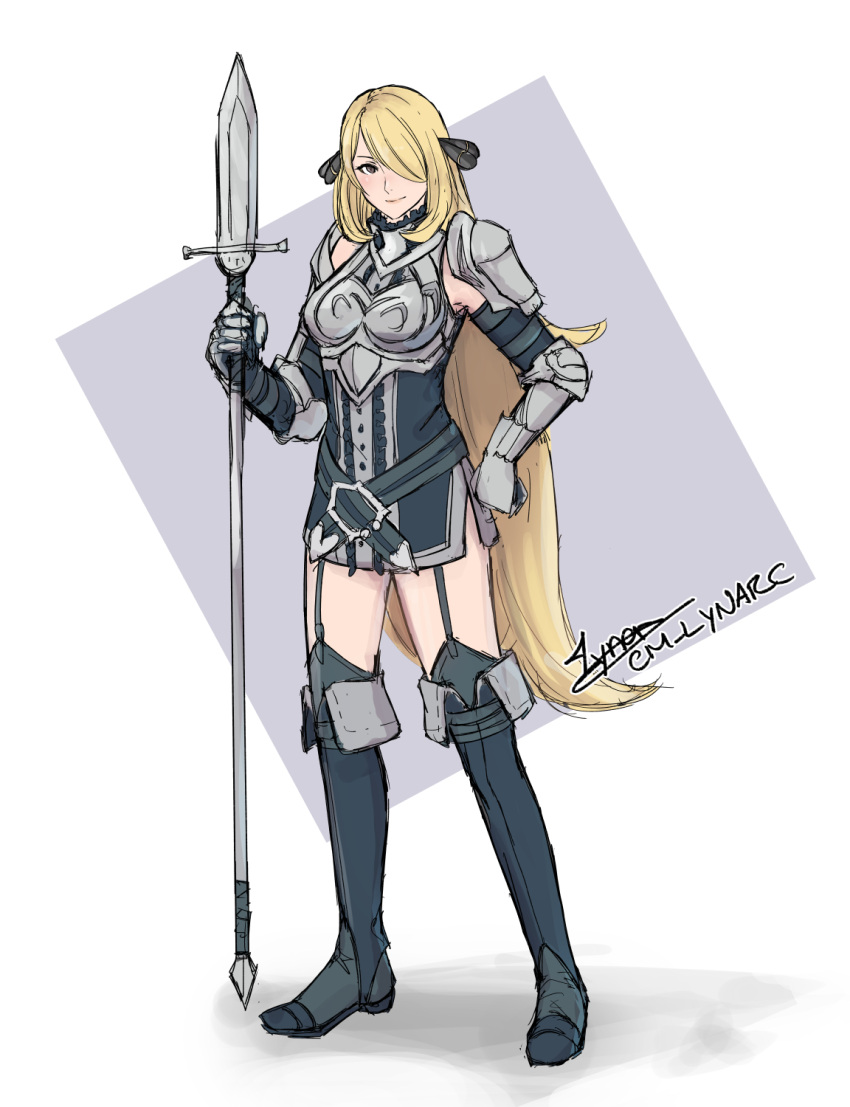 1girl armor armored_dress artist_name blonde_hair cm_lynarc cosplay cynthia_(fire_emblem) cynthia_(fire_emblem)_(cosplay) cynthia_(pokemon) fire_emblem full_body hair_over_one_eye highres holding holding_polearm holding_weapon long_hair looking_at_viewer name_connection pokemon polearm shoulder_armor signature smile solo spear weapon