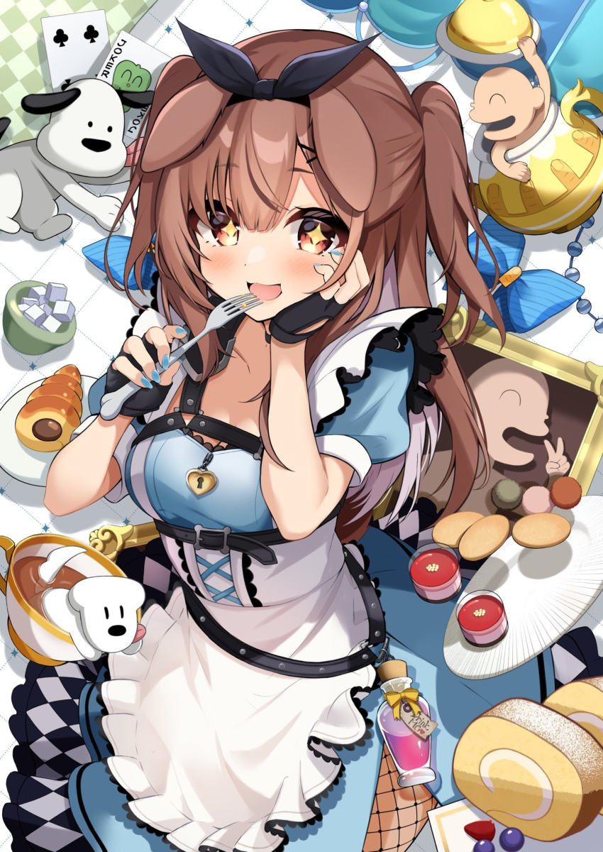 +_+ 1girl alice_in_wonderland animal_ears apron black_choker black_gloves black_hairband black_pantyhose blue_dress blue_nails blush bow_hairband braid breast_strap breasts brown_eyes brown_hair checkered_clothes checkered_skirt cheek_press chest_belt chest_harness chocolate_cornet choker commentary_request dog_ears dog_girl dog_tail double-parted_bangs dress eating fingerless_gloves fishnet_pantyhose fishnets food fork frilled_apron frills futo-inu gloves hair_between_eyes hair_ornament hairband hairclip hand_on_own_cheek hand_on_own_face harness heart-shaped_lock highres holding holding_fork hololive hoso-inu inugami_korone inugami_korone_(6th_costume) listener_(inugami_korone) long_hair looking_at_viewer low_twin_braids medium_breasts nail_polish official_alternate_costume official_alternate_hairstyle open_mouth pantyhose potion puffy_short_sleeves puffy_sleeves short_dress short_sleeves side_slit skirt skirt_under_dress solo sugar_cube tail takumin_dx twin_braids two_side_up underbust vial virtual_youtuber waist_apron white_apron