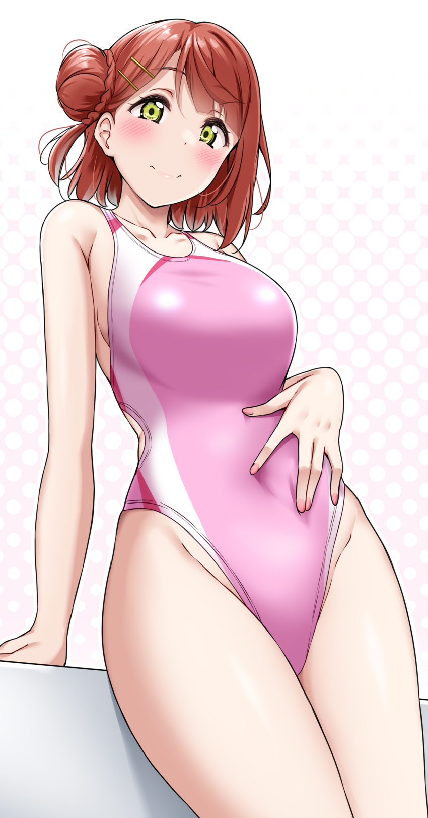 1girl absurdres blunt_bangs braid braided_bun breasts closed_mouth collarbone hair_bun hair_ornament hairclip half_updo highleg highleg_swimsuit highres love_live! love_live!_nijigasaki_high_school_idol_club medium_breasts medium_hair one-piece_swimsuit pink_hair pink_nails pink_one-piece_swimsuit polka_dot polka_dot_background single_side_bun solo swimsuit thighs uehara_ayumu yellow_eyes yopparai_oni