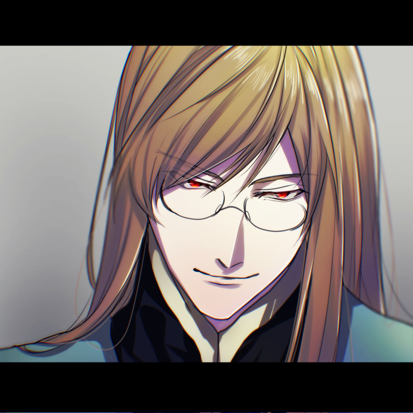 1boy bbb_813 brown_hair closed_mouth glasses glowing glowing_eyes grey_background highres jacket jade_curtiss long_hair looking_at_viewer male_focus red_eyes simple_background smile solo surcoat tales_of_(series) tales_of_the_abyss uniform