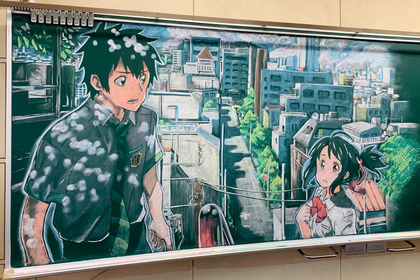 1boy 1girl ahoge black_eyes black_hair bow bowtie brown_eyes building chalk_(medium) cityscape clenched_teeth cloud clutching_chest collared_shirt commentary_request dappled_sunlight day diagonal-striped_necktie dress_shirt floating_hair green_necktie hair_ribbon highres kimi_no_na_wa. looking_at_another lower_teeth_only miyamizu_mitsuha nature necktie open_mouth outdoors outline ponytail railing real_world_location red_bow red_bowtie red_ribbon ribbon road road_sign school_uniform shirt short_hair short_sleeves sign sky street sunlight tachibana_aki teeth tokyo_(city) tori_(fx36knkdo8tqays) traditional_media tree white_outline white_shirt