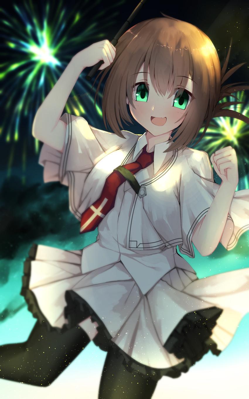 1girl :d absurdres aerial_fireworks arm_up black_thighhighs blurry blurry_background blush brown_hair capelet clenched_hand commentary cowboy_shot cross_print eyes_visible_through_hair fang fireworks floating_clothes folded_ponytail frilled_skirt frills green_eyes hair_between_eyes hand_up highres holding holding_whip light_particles looking_at_viewer medium_hair miniskirt necktie night nodoameyatou open_mouth outdoors pleated_skirt red_necktie school_uniform shirt skin_fang skirt smile solo standing standing_on_one_leg subarashiki_hibi tachibana_kimika thighhighs white_capelet white_shirt zettai_ryouiki