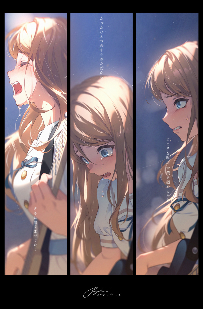1girl artist_name bang_dream! bang_dream!_it's_mygo!!!!! bass_guitar blue_eyes blue_ribbon blurry blush brown_hair buttons clenched_teeth crying crying_with_eyes_open dated depth_of_field dress from_side highres instrument light_particles long_hair multiple_views music nagasaki_soyo playing_instrument regition ribbon sailor_collar sailor_dress school_uniform sidelocks signature streaming_tears sweatdrop tears teeth translation_request tsukinomori_school_uniform