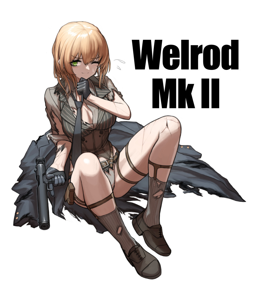 1girl android black_footwear black_gloves blonde_hair breasts character_name cheogtanbyeong closed_mouth collared_shirt damaged full_body girls'_frontline gloves green_eyes gun half_gloves handgun highres holding holding_gun holding_weapon holster large_breasts looking_at_viewer necktie one_eye_closed panties pinstripe_pattern pinstripe_vest shirt short_sleeves simple_background sitting smile solo striped striped_vest thigh_holster thigh_strap torn_clothes underwear vertical-striped_vest vertical_stripes vest weapon welrod_mk2 welrod_mkii_(girls'_frontline) white_background
