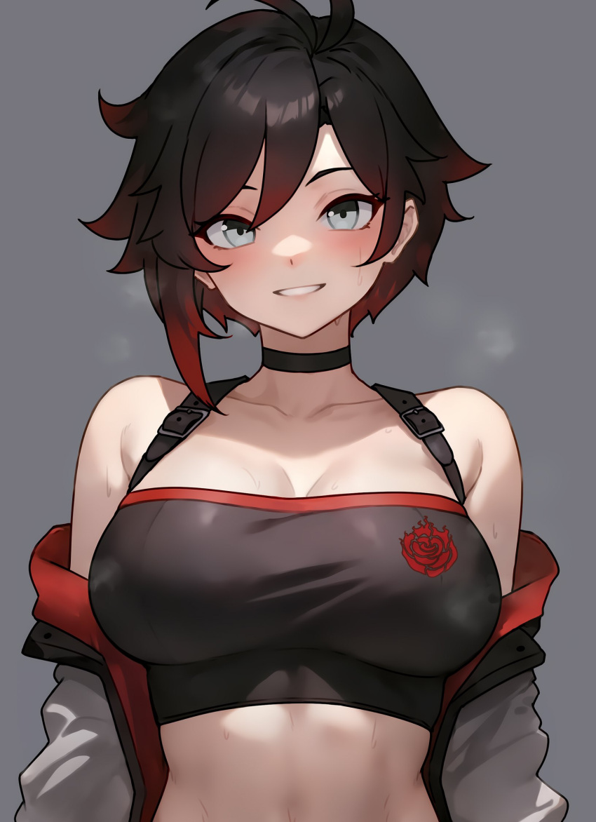 1girl antenna_hair bare_shoulders black_choker black_hair bluefield blush breasts choker cleavage collarbone commentary grey_background grey_eyes head_tilt highres jacket large_breasts looking_at_viewer open_mouth ruby_rose rwby short_hair simple_background smile solo sweat teeth upper_body white_jacket