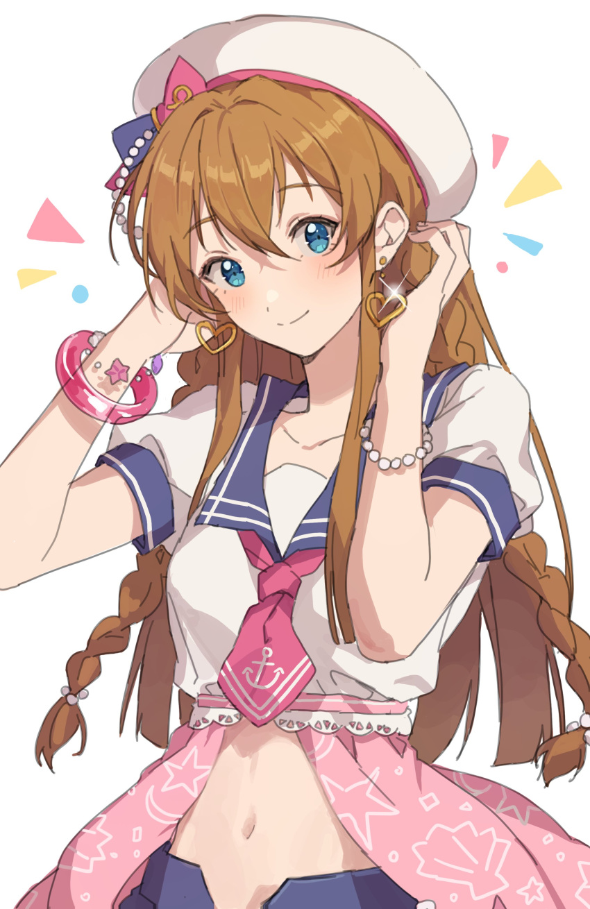 1girl absurdres blue_eyes blue_sailor_collar blue_skirt blush bracelet braid brown_hair closed_mouth collarbone cropped_shirt earrings gem hands_up hano9789 heart heart_earrings highres idolmaster idolmaster_million_live! idolmaster_million_live!_theater_days jewelry kousaka_umi long_hair looking_at_viewer midriff navel neckerchief pearl_(gemstone) red_neckerchief sailor_collar short_sleeves simple_background skirt smile solo white_background white_headwear