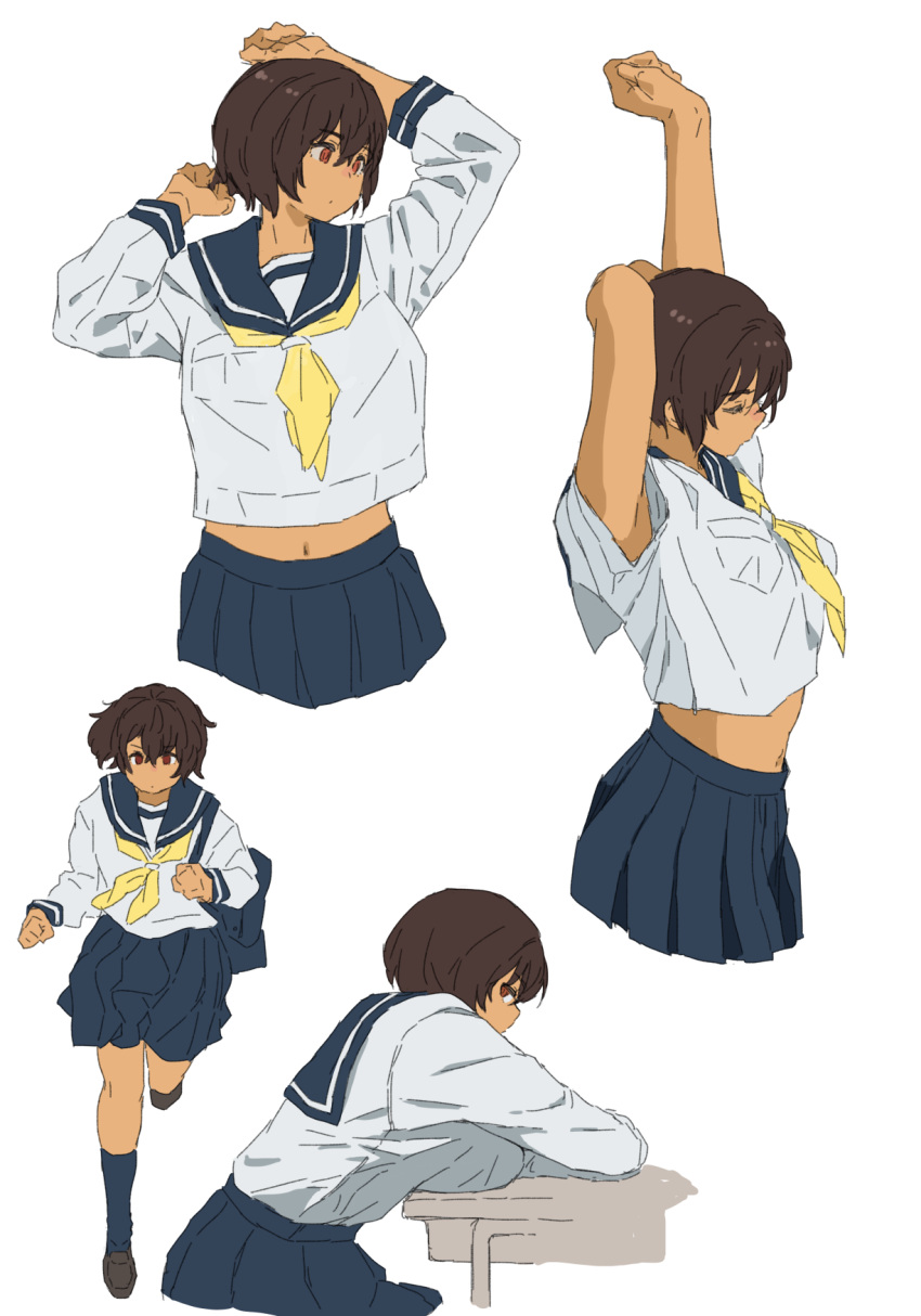 1girl breast_pillow breast_rest breasts dark-skinned_female dark_skin highres kei_(m_k) large_breasts m_k midriff multiple_views original running school_uniform short_hair stretching tall tall_female tomboy