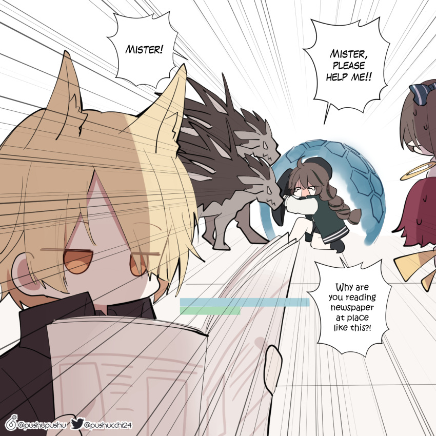 1boy 3girls ahoge animal_ear_fluff animal_ears arknights black_headwear blonde_hair bow braid brown_hair coat crying crying_with_eyes_open cuora_(arknights) energy_barrier english_text exusiai_(arknights) from_behind gameplay_mechanics hair_bow halo hat health_bar highres holding holding_newspaper holding_shield horse_boy horse_ears jacket long_sleeves mlynar_(arknights) multiple_girls newspaper open_clothes open_jacket open_mouth perfumer_(arknights) pushu reading red_hair shield short_hair smile tears wings yellow_eyes