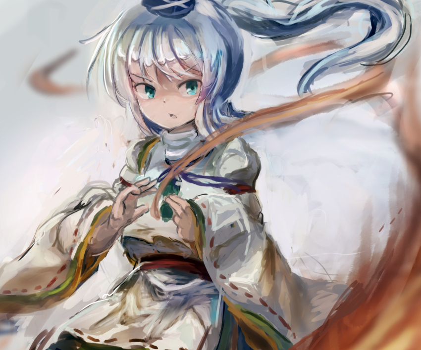 1girl blue_eyes blue_headwear coat commentary_request cowboy_shot fire flame flat_chest grey_hair hat highres japanese_clothes kariginu long_hair long_sleeves looking_at_viewer medium_bangs mononobe_no_futo neck_ribbon open_mouth pom_pom_(clothes) purple_ribbon red_sash ribbon ribbon-trimmed_sleeves ribbon_trim sash sensi_tobikage shaded_face solo tate_eboshi touhou v-shaped_eyebrows white_coat wide_sleeves