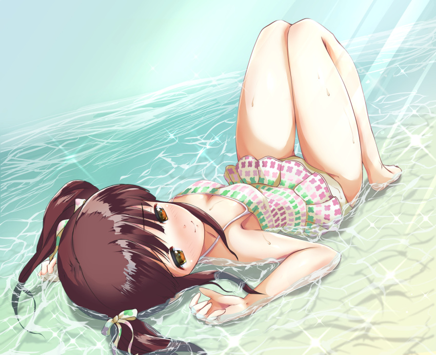 1girl bare_shoulders barefoot blush bow breasts brown_eyes brown_hair cleavage closed_mouth collarbone hair_bow hair_ribbon highres idolmaster idolmaster_cinderella_girls idolmaster_cinderella_girls_starlight_stage in_water knees_together_feet_apart knees_up kuroba_aki long_hair looking_at_viewer lying medium_breasts multicolored_clothes multicolored_swimsuit ogata_chieri on_back one-piece_swimsuit ribbon shy smile solo sunlight swimsuit twintails wet wet_clothes wet_hair wet_swimsuit white_ribbon